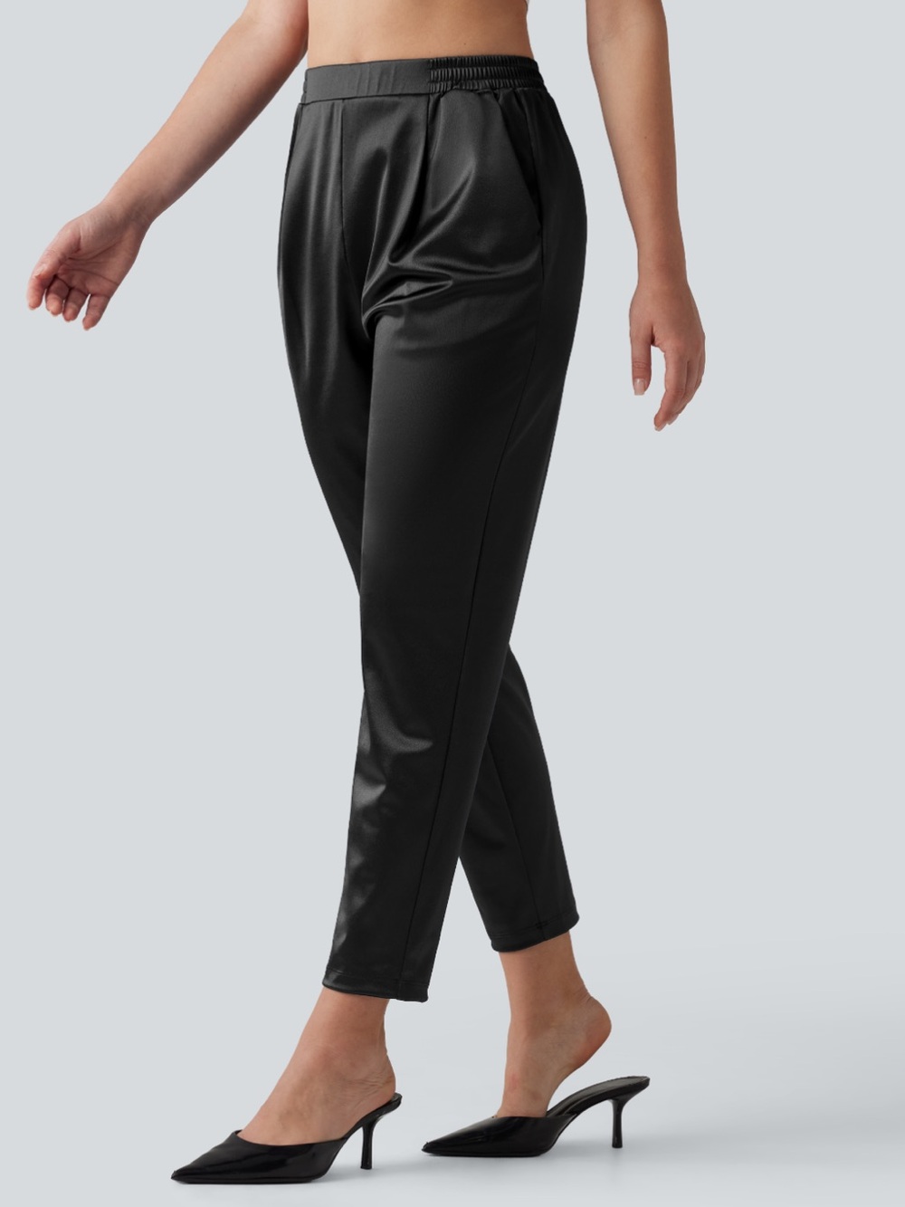 High Waisted Tapered Satin Casual Pants with Pockets
